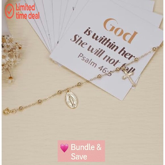 9pc Virgin Mary Cross Bracelet Set Adjustable 18K Gold Plated Religious Jewelry - Picture 5 of 8